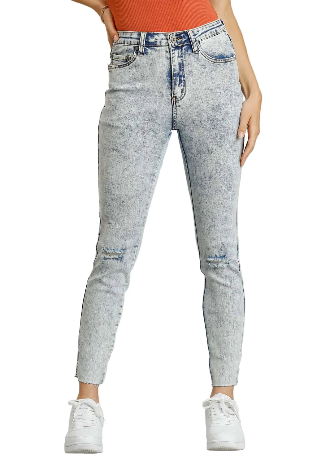 5-Pockets Distressed Detail Stretch Denim Skinny Jeans with Unfinished Hem