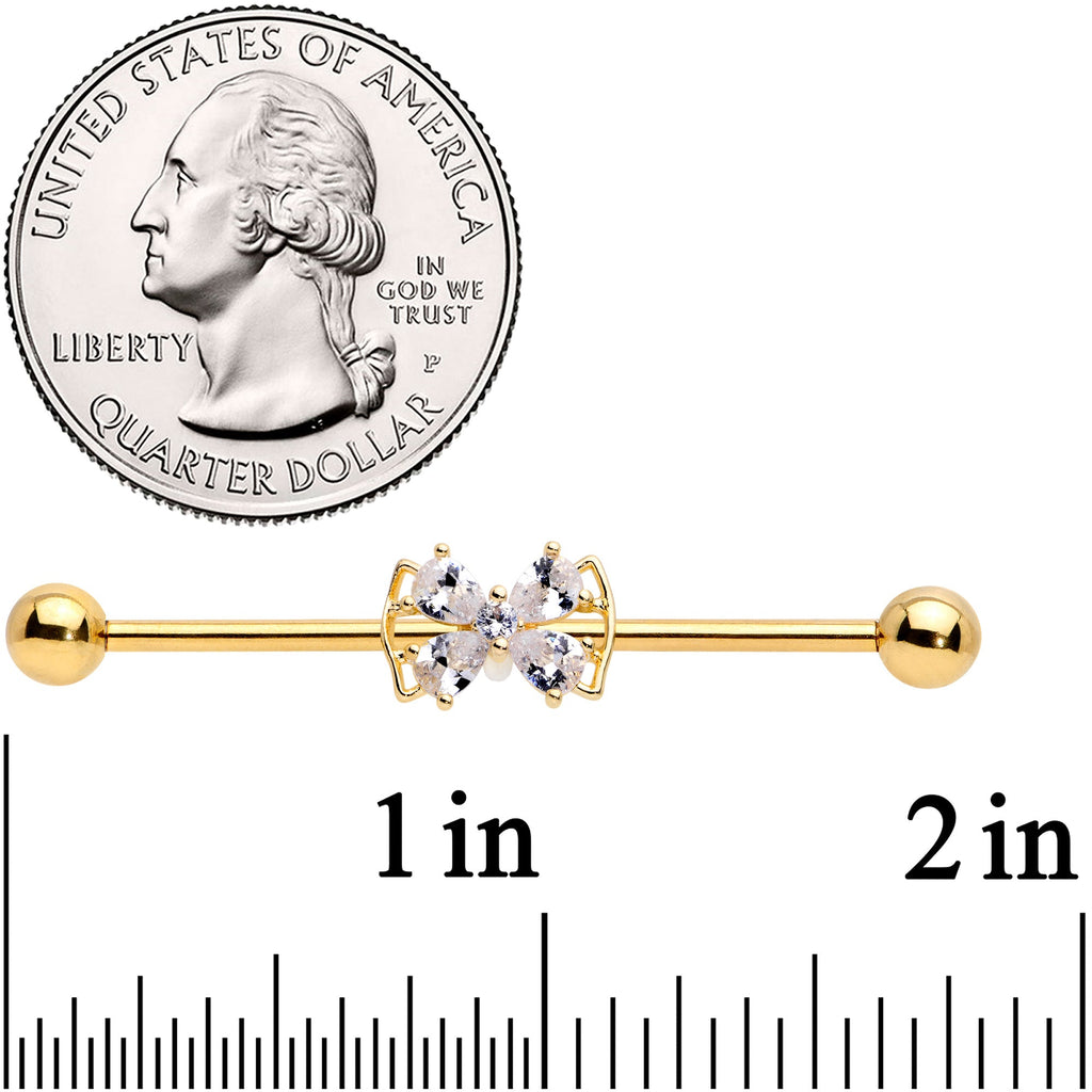 14G Clear CZ Gem Gold Tone Beauty Bow Industrial Barbell 38mm