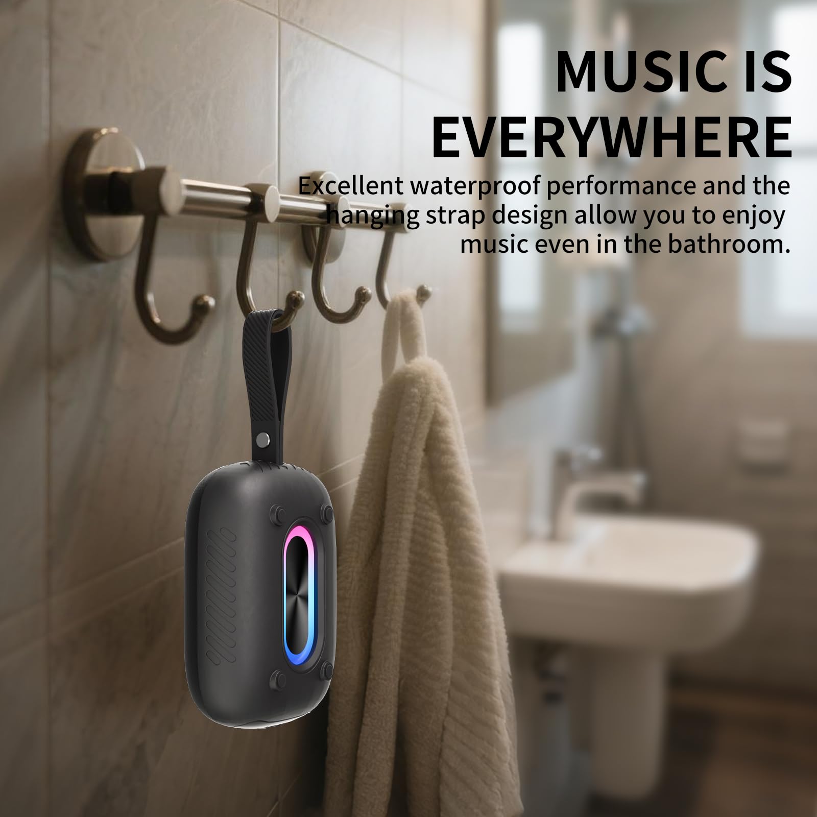 IPX7 Waterproof Bluetooth 5.3 Speaker — Portable HD Sound for Shower, Pool, Beach & Kayaking, Black
