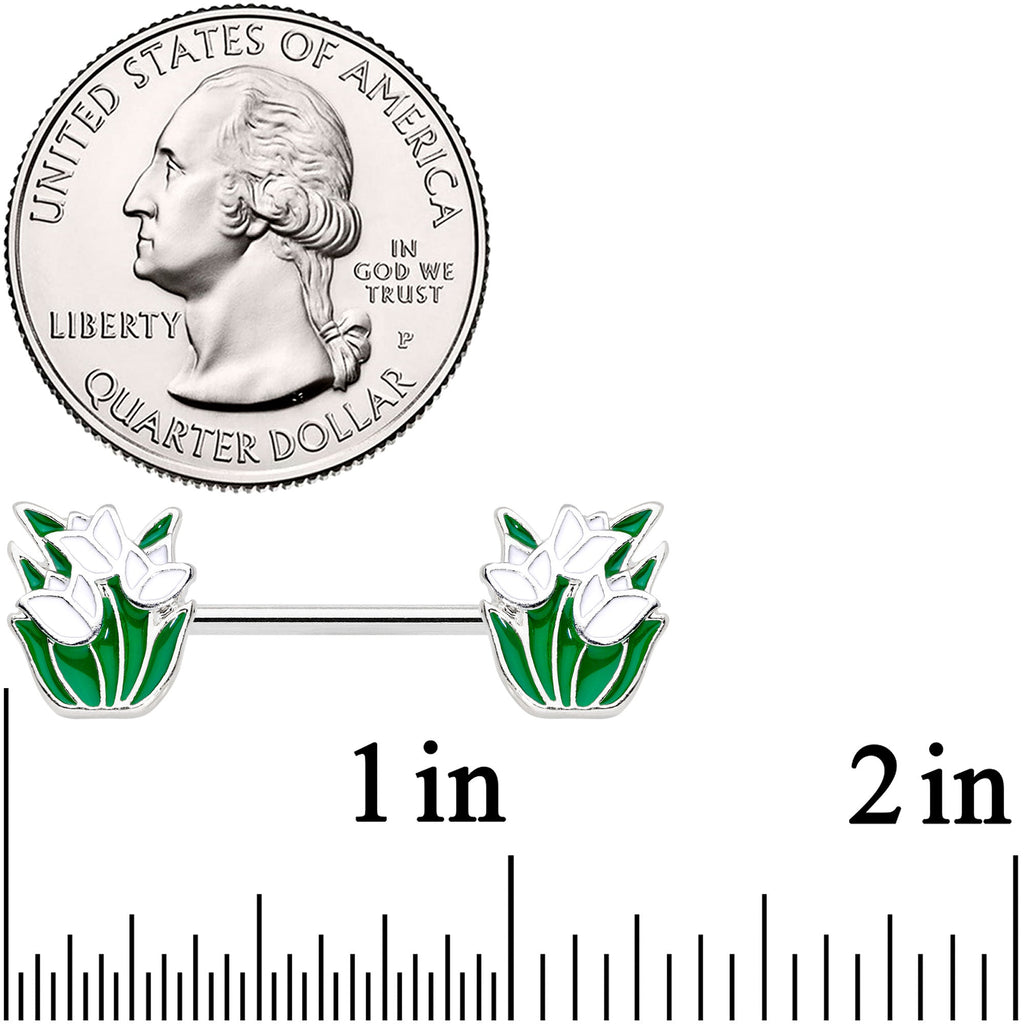 14G 9/16 White Spring Tulip Flowers Barbell Nipple Ring Set