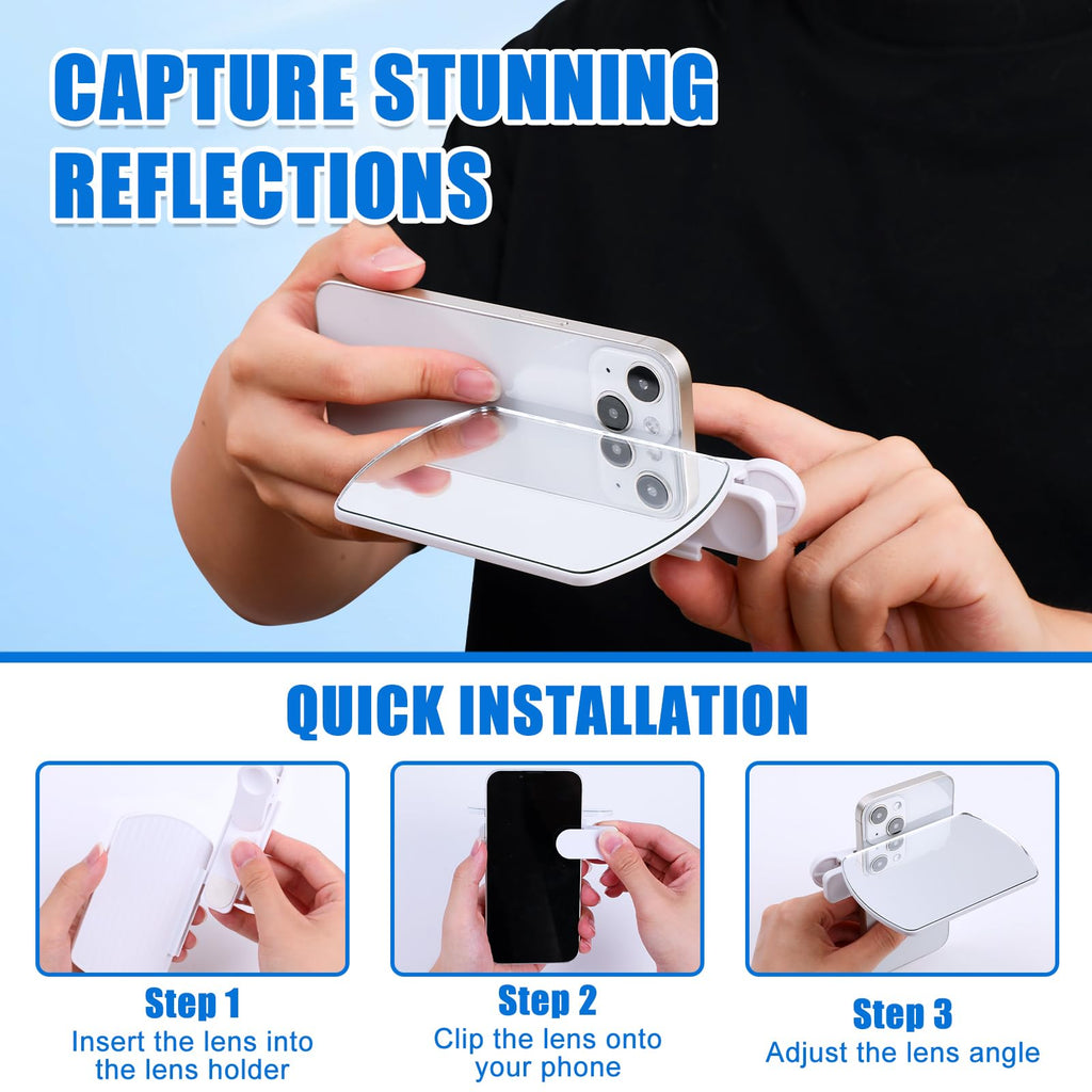 Phone Camera Mirror Reflection Clip — Clip-On Selfie Mirror for Back Camera, Scratch-Resistant Optical Glass, Instant Reflection Photography Accessory for All Smartphones, White