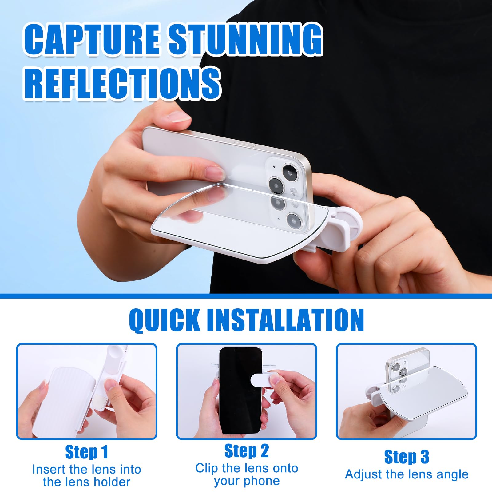 Phone Camera Mirror Reflection Clip — Clip-On Selfie Mirror for Back Camera, Scratch-Resistant Optical Glass, Instant Reflection Photography Accessory for All Smartphones, White