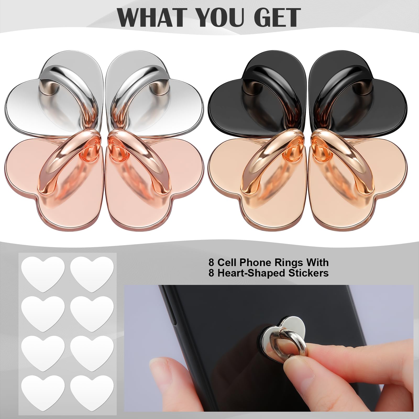 Metal Phone Finger Ring Grips 8 Pack — Adhesive Heart Hook Loop Stand for DIY Hanging, Gold Silver Rose Gold Black