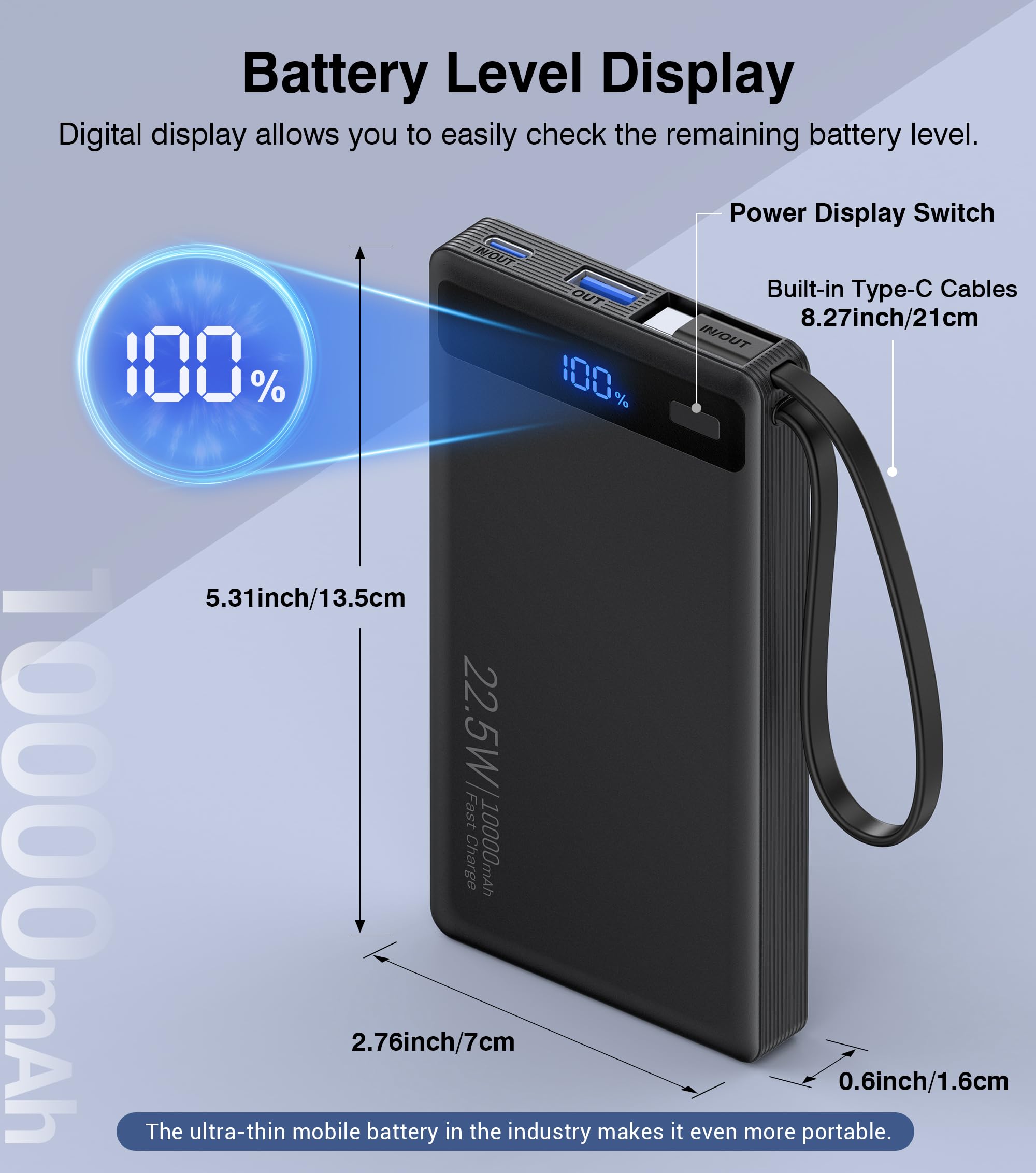 10000mAh Slim Power Bank w/ Built-In Cables – 22.5W PD Fast Charger for iPhone & Samsung