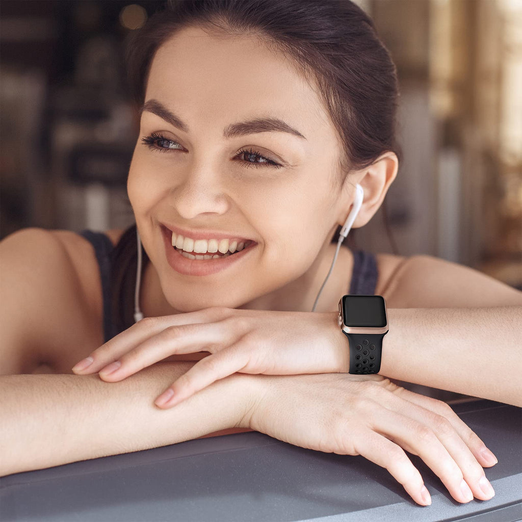 Apple Watch Silicone Sport Band Black — Soft Breathable Strap for Series 3-11, SE & Ultra 38mm-49mm