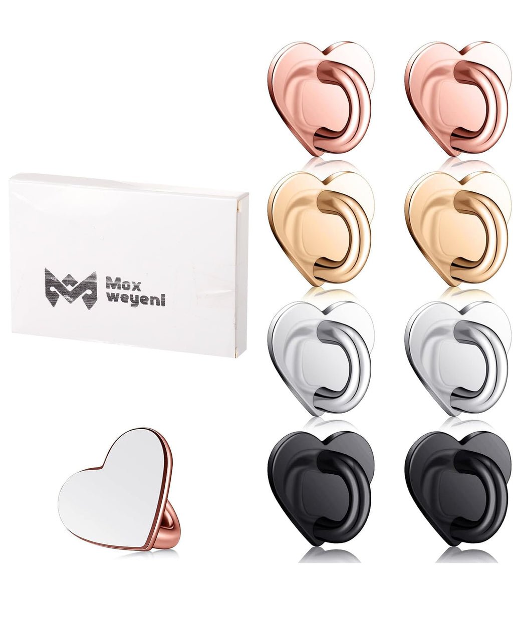 Metal Phone Finger Ring Grips 8 Pack — Adhesive Heart Hook Loop Stand for DIY Hanging, Gold Silver Rose Gold Black