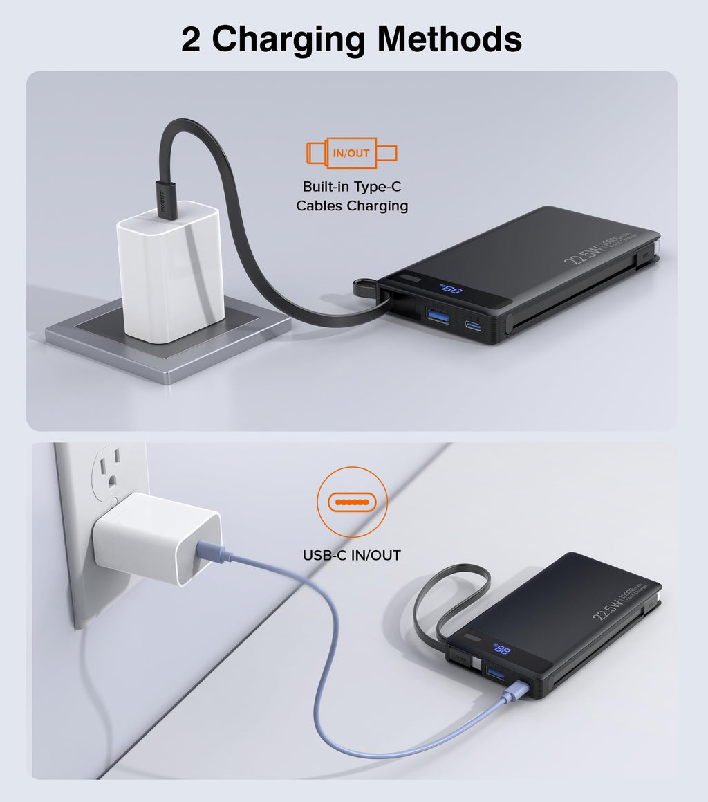 10000mAh Slim Power Bank w/ Built-In Cables – 22.5W PD Fast Charger for iPhone & Samsung