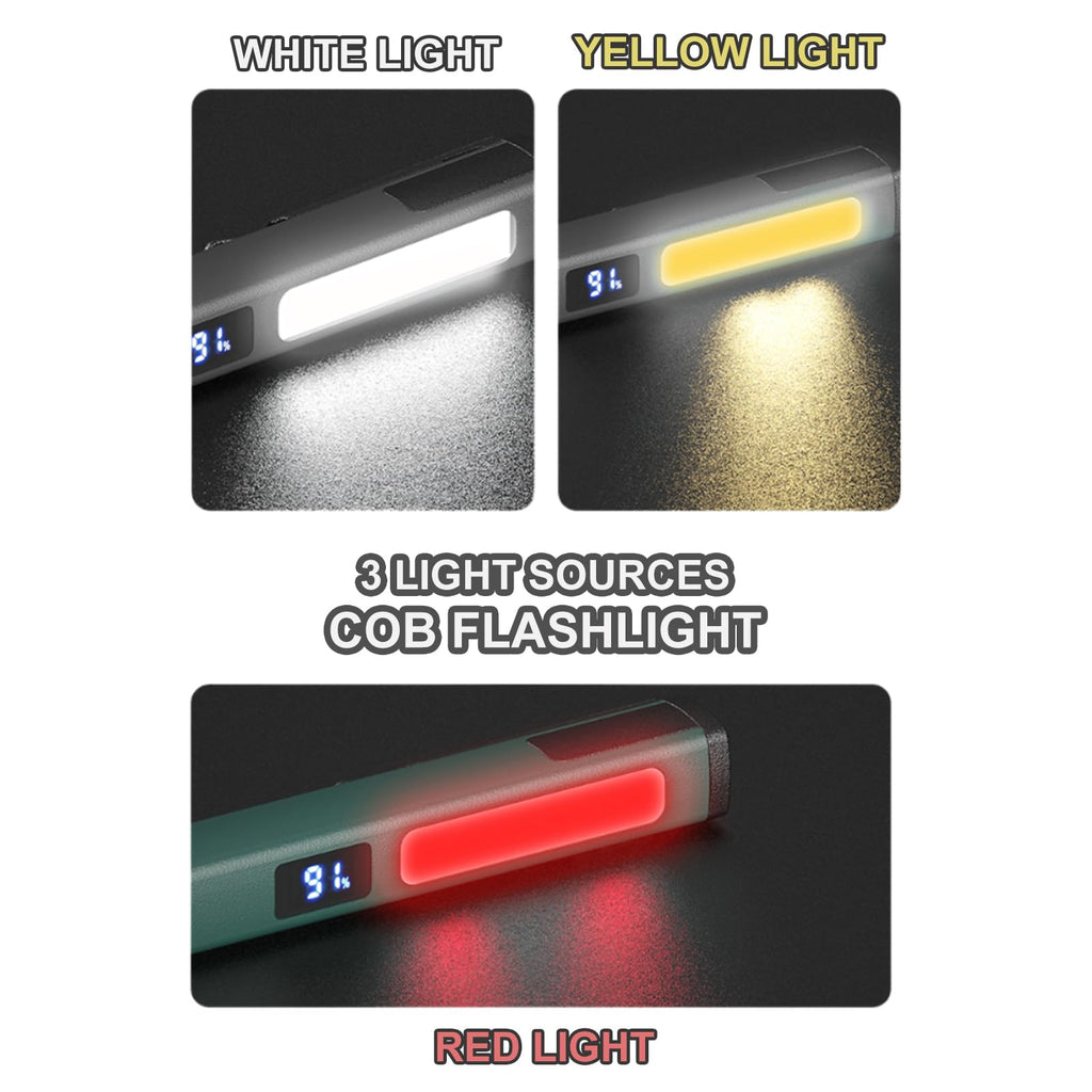 Rechargeable Pen Flashlight with COB Work Light — 6 Modes, LCD Display, USB-C Charge, Pocket LED, Grey