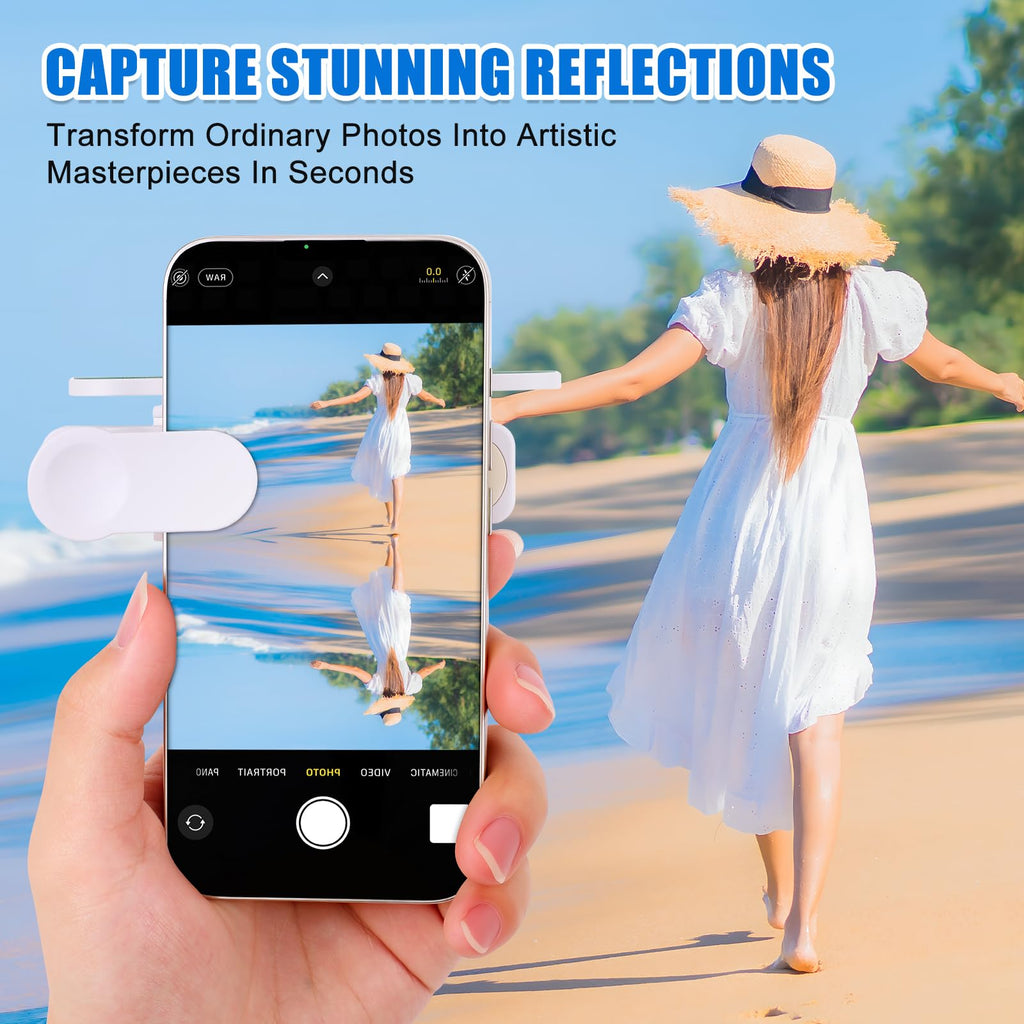 Phone Camera Mirror Reflection Clip — Clip-On Selfie Mirror for Back Camera, Scratch-Resistant Optical Glass, Instant Reflection Photography Accessory for All Smartphones, White