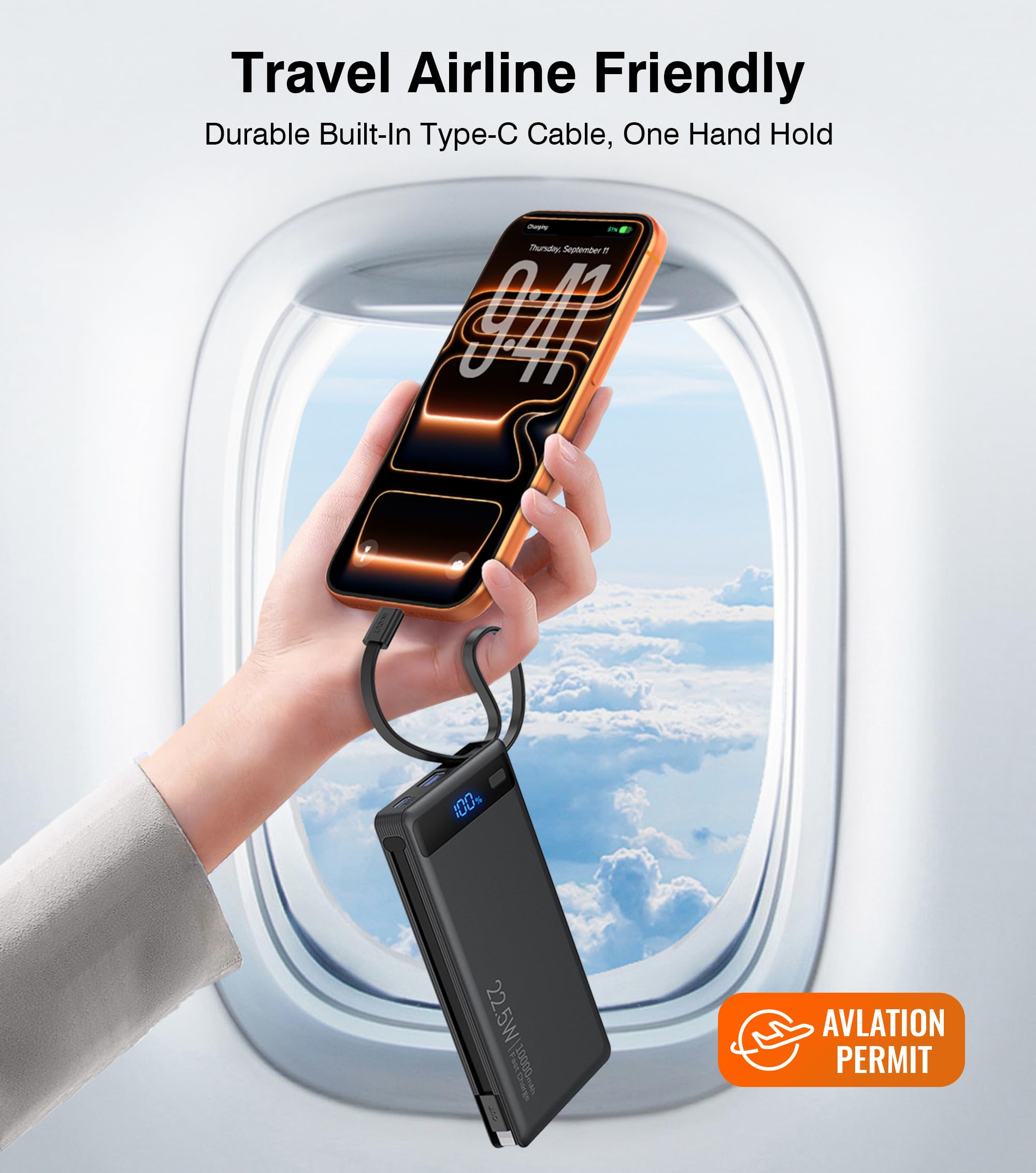 10000mAh Slim Power Bank w/ Built-In Cables – 22.5W PD Fast Charger for iPhone & Samsung