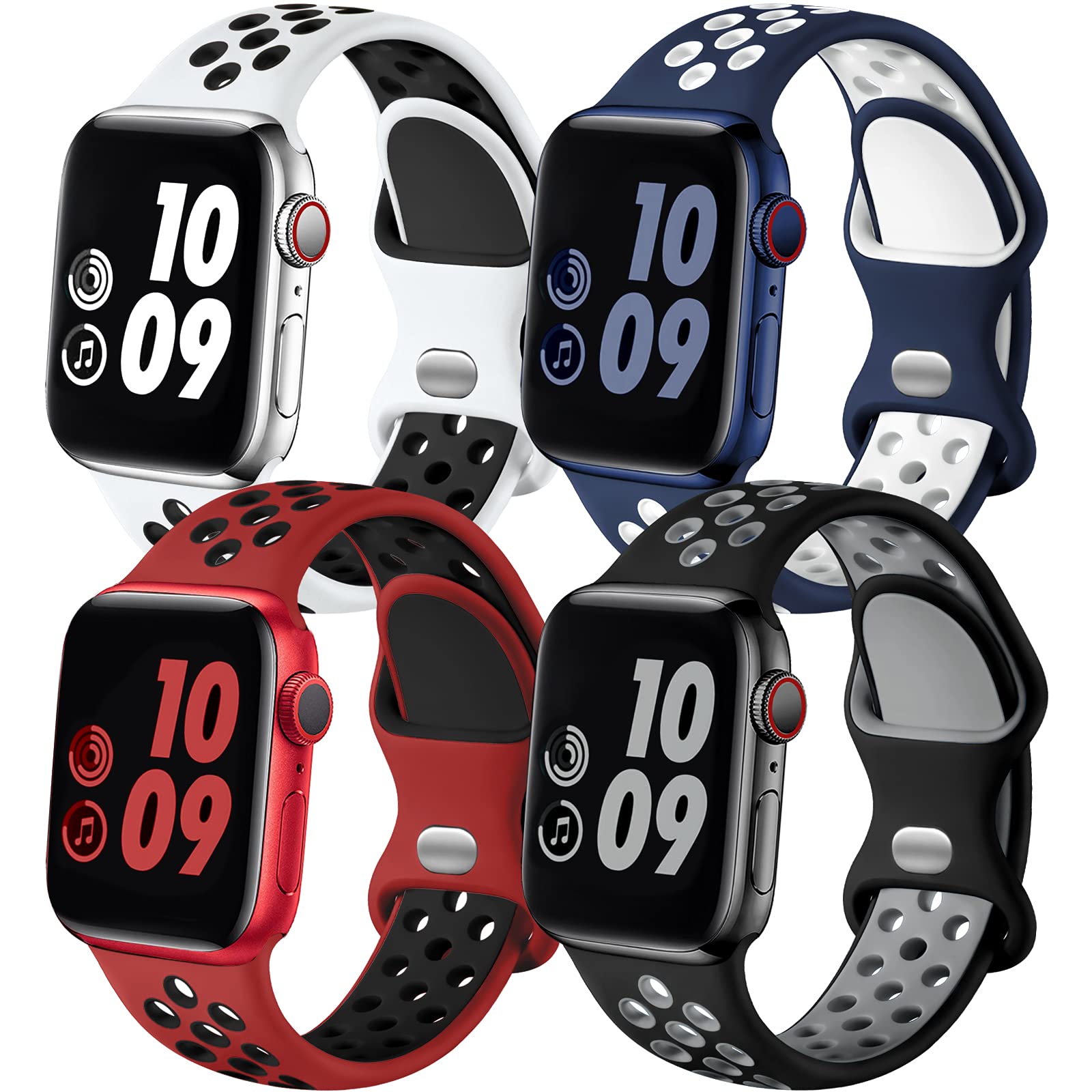 Apple Watch Sport Bands 4 Pack — Breathable Silicone Straps for Series 1-11, SE & Ultra 38mm-49mm