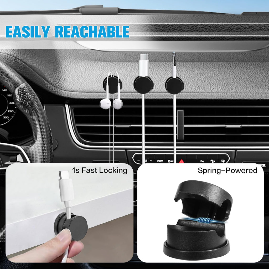 Spring Cable Clips 6 Pack — 360° Rotatable Cord Organizer Adhesive Wire Management for Desk, Home & Office