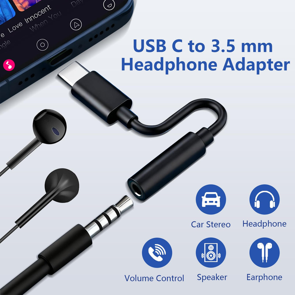 USB-C to 3.5mm Headphone Adapter 3 Pack — DAC Audio Dongle for iPhone 16/15, Samsung Galaxy & All USB-C Devices, Black