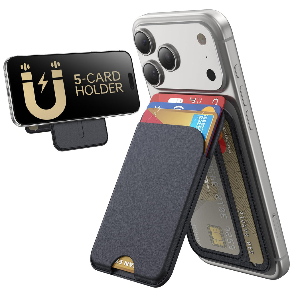 MagSafe Wallet 5-Card Holder & Adjustable Stand — RFID Blocking Vegan Leather for iPhone 17/16/15/14/13/12, Black