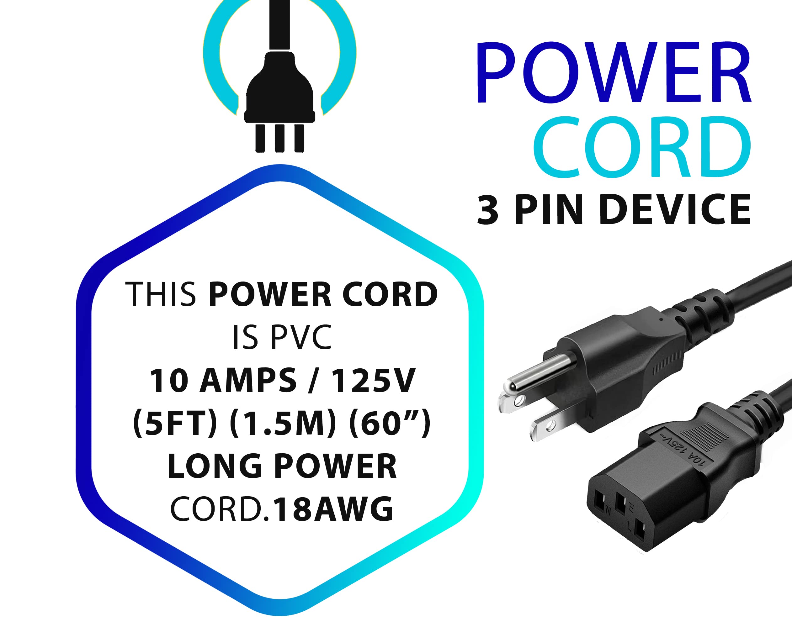 5ft 3-Prong AC Power Cord — Universal Black Power Cable for TV, Monitor, Computer, Printer & Electronics