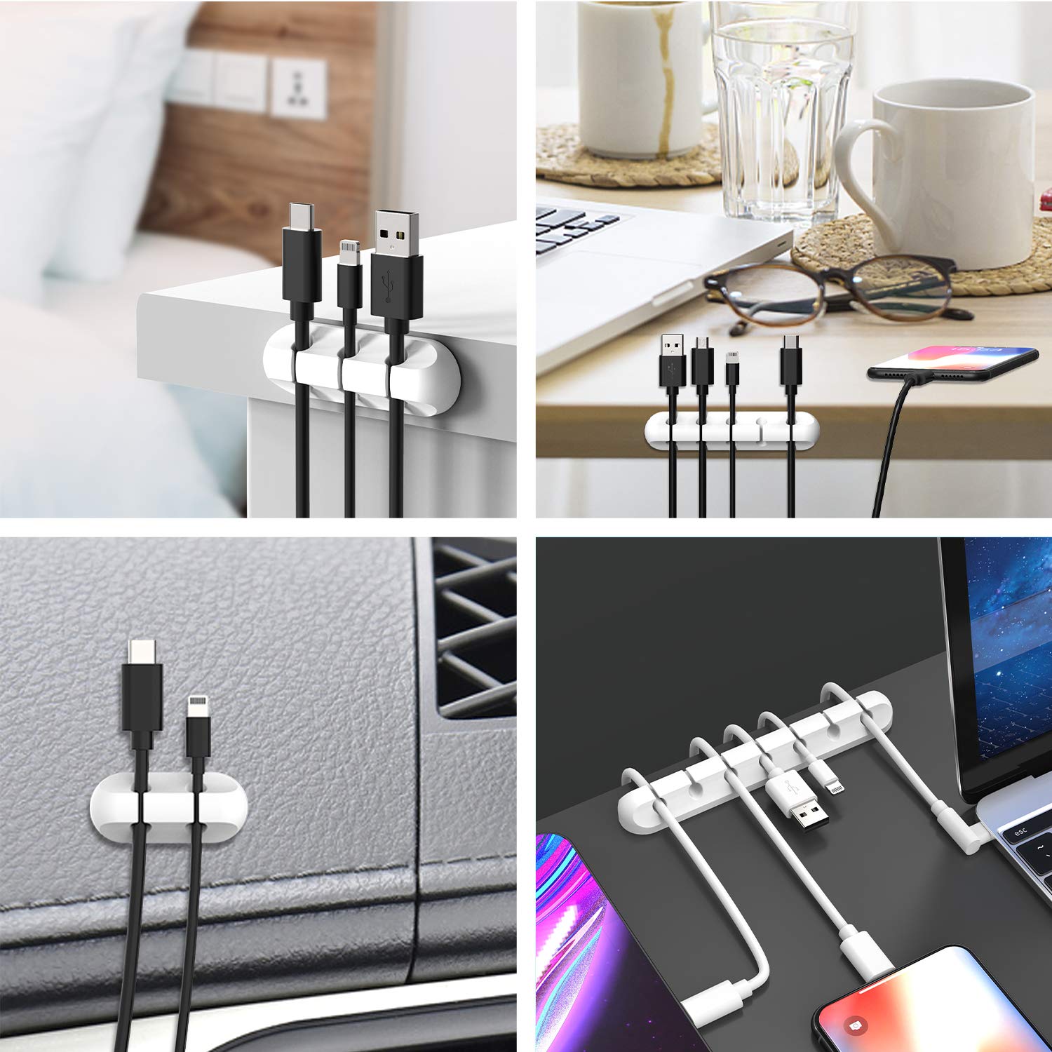 Cable Clips Cord Organizer 2 Pack — White USB Cable Management Wire Holder for Desk, Car, Home & Office