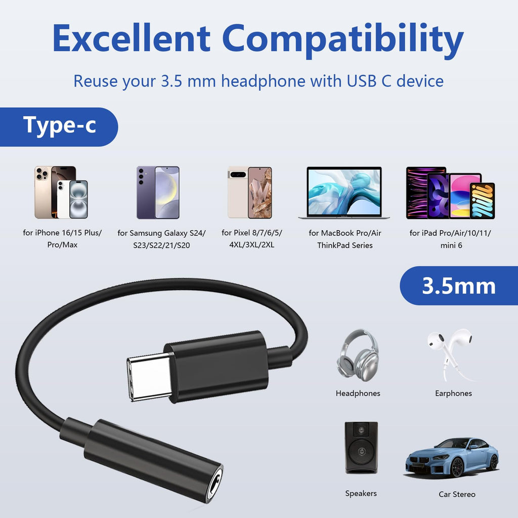 USB-C to 3.5mm Headphone Adapter 3 Pack — DAC Audio Dongle for iPhone 16/15, Samsung Galaxy & All USB-C Devices, Black