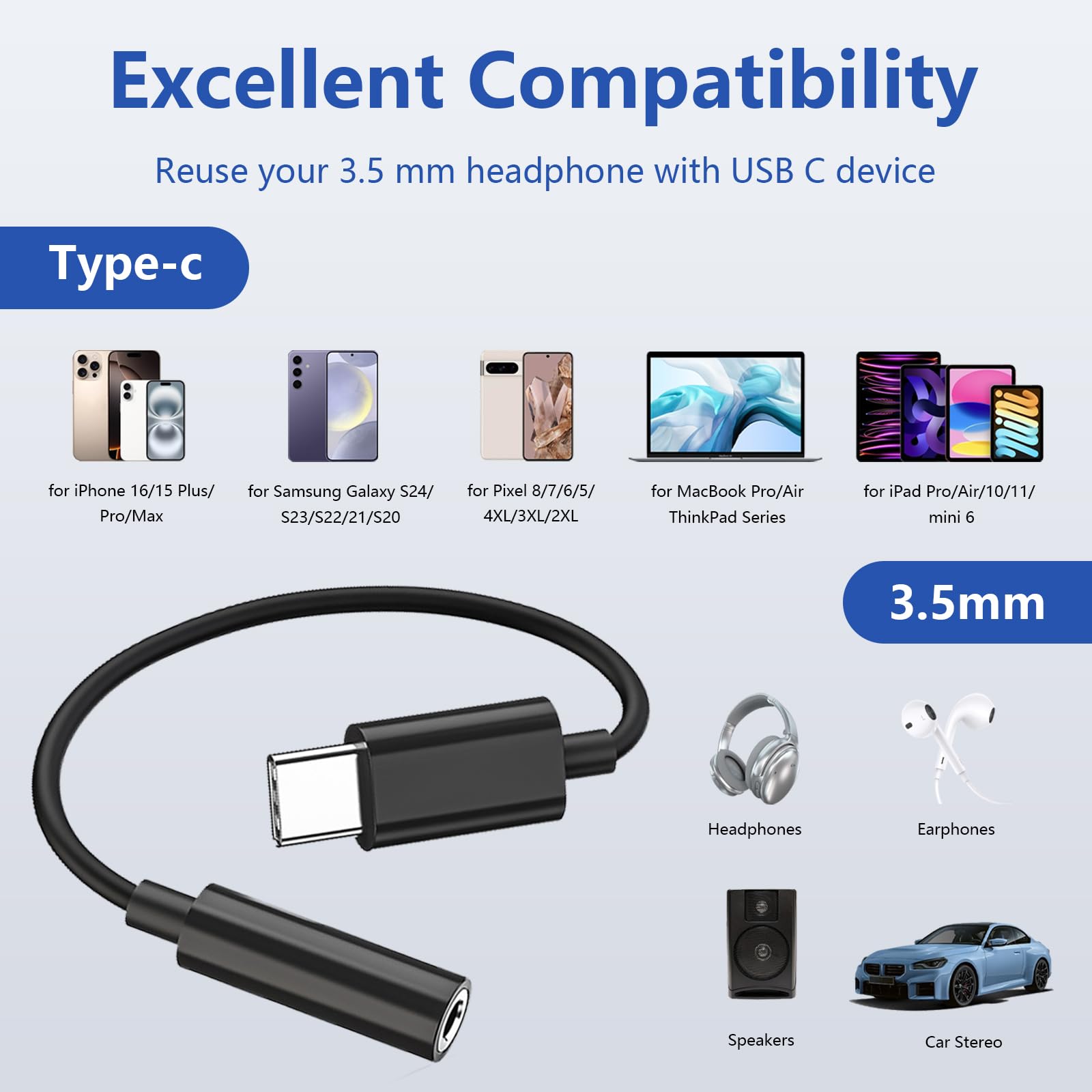 USB-C to 3.5mm Headphone Adapter 3 Pack — DAC Audio Dongle for iPhone 16/15, Samsung Galaxy & All USB-C Devices, Black