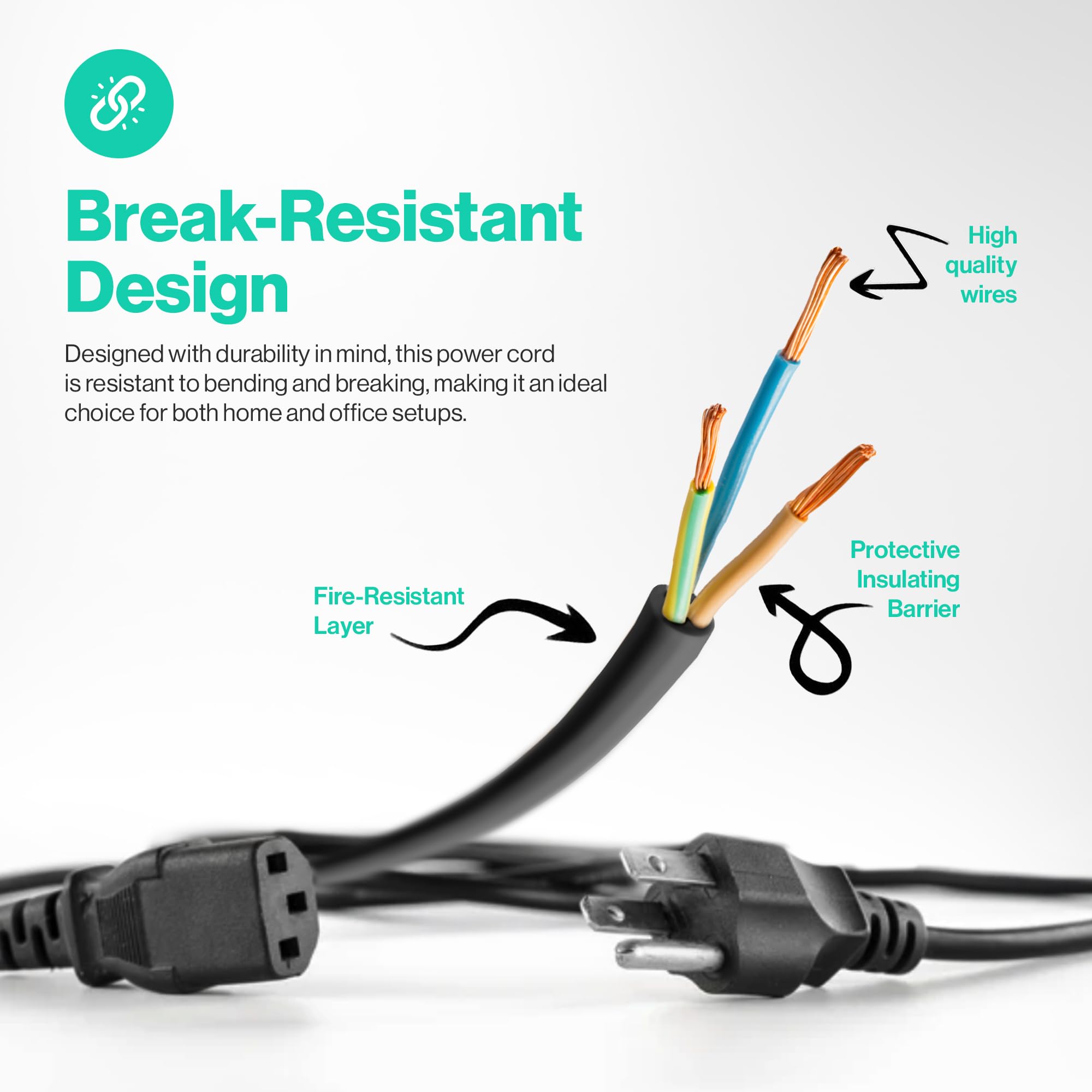 5ft 3-Prong AC Power Cord — Universal Black Power Cable for TV, Monitor, Computer, Printer & Electronics