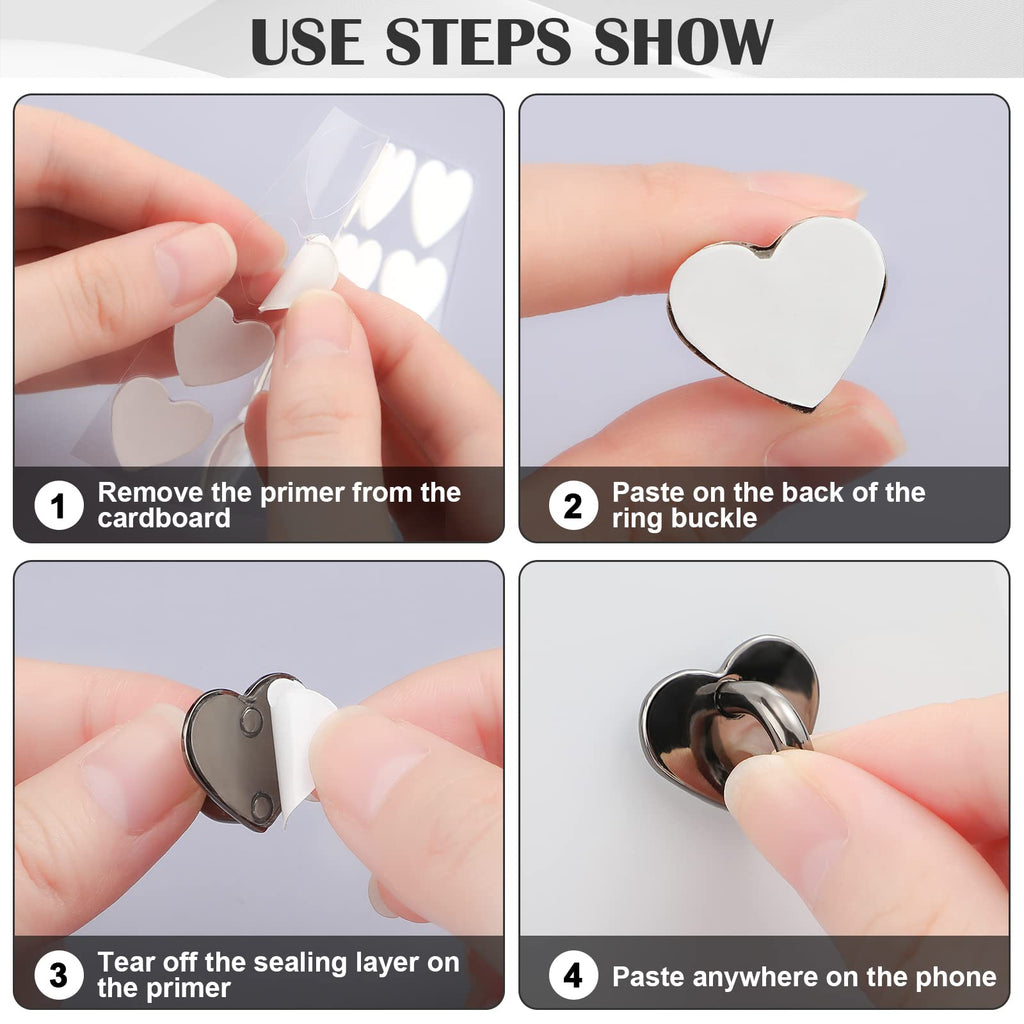 Metal Phone Finger Ring Grips 8 Pack — Adhesive Heart Hook Loop Stand for DIY Hanging, Gold Silver Rose Gold Black