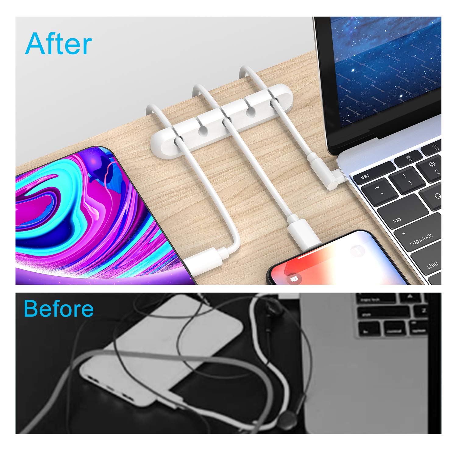 Cable Clips Cord Organizer 2 Pack — White USB Cable Management Wire Holder for Desk, Car, Home & Office