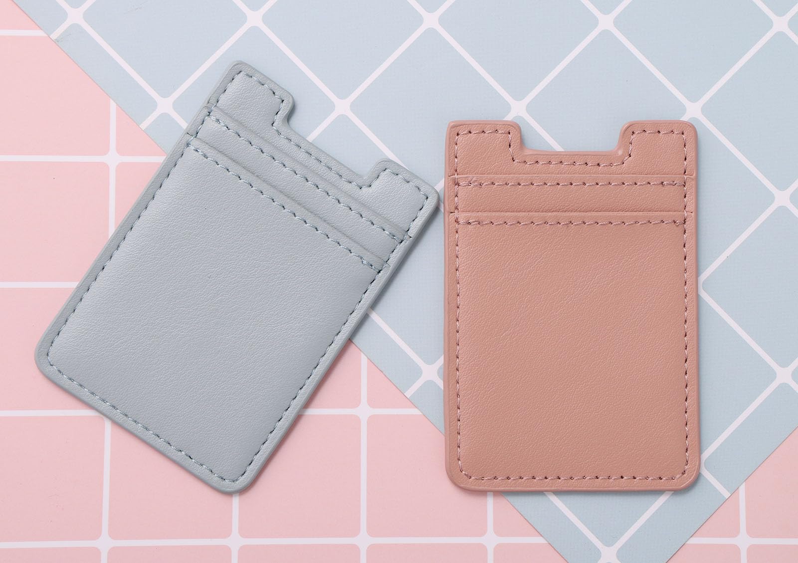 Phone Card Wallet 2 Pack — Stick-On Leather Credit Card Holder Pocket for Back of Phone, Universal iPhone & Android (Pink, Blue)