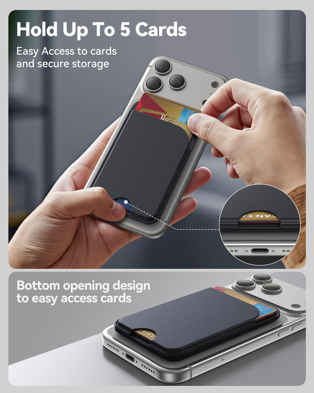 MagSafe Wallet 5-Card Holder & Adjustable Stand — RFID Blocking Vegan Leather for iPhone 17/16/15/14/13/12, Black