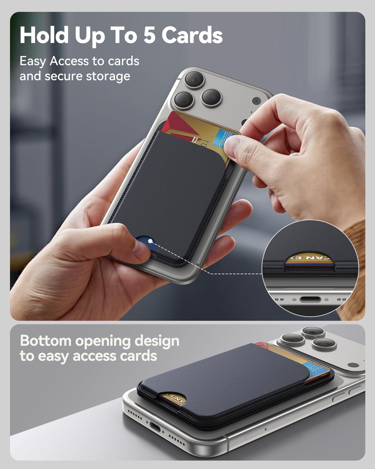 MagSafe Wallet 5-Card Holder & Adjustable Stand — RFID Blocking Vegan Leather for iPhone 17/16/15/14/13/12, Black