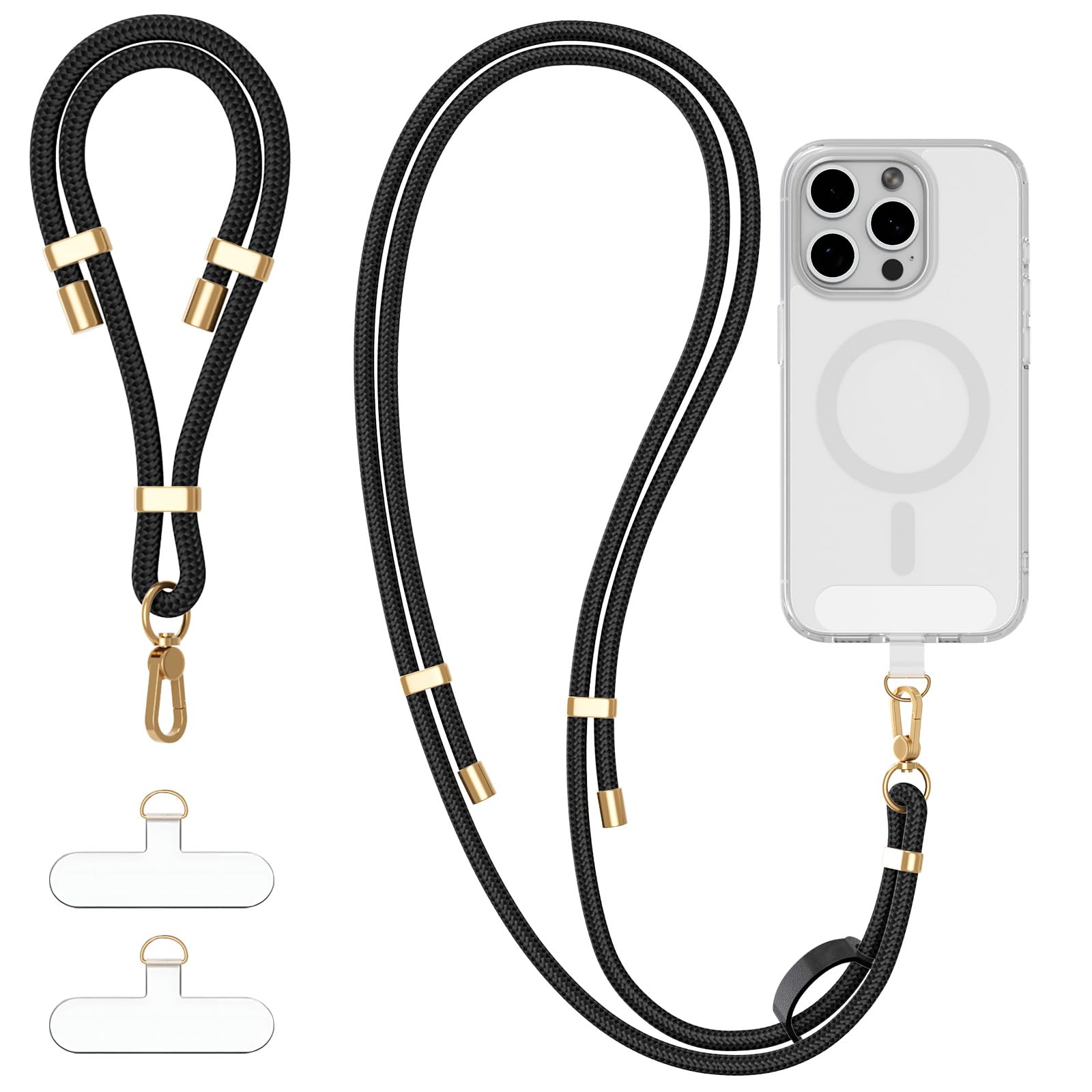 4-in-1 Phone Lanyard & Wrist Strap Kit — Adjustable Crossbody Neck Lanyard, Anti-Theft Wrist Strap with 2 Tab Patches, Universal Hands-Free Phone Strap for iPhone 17 Pro Max & All Smartphones, Black