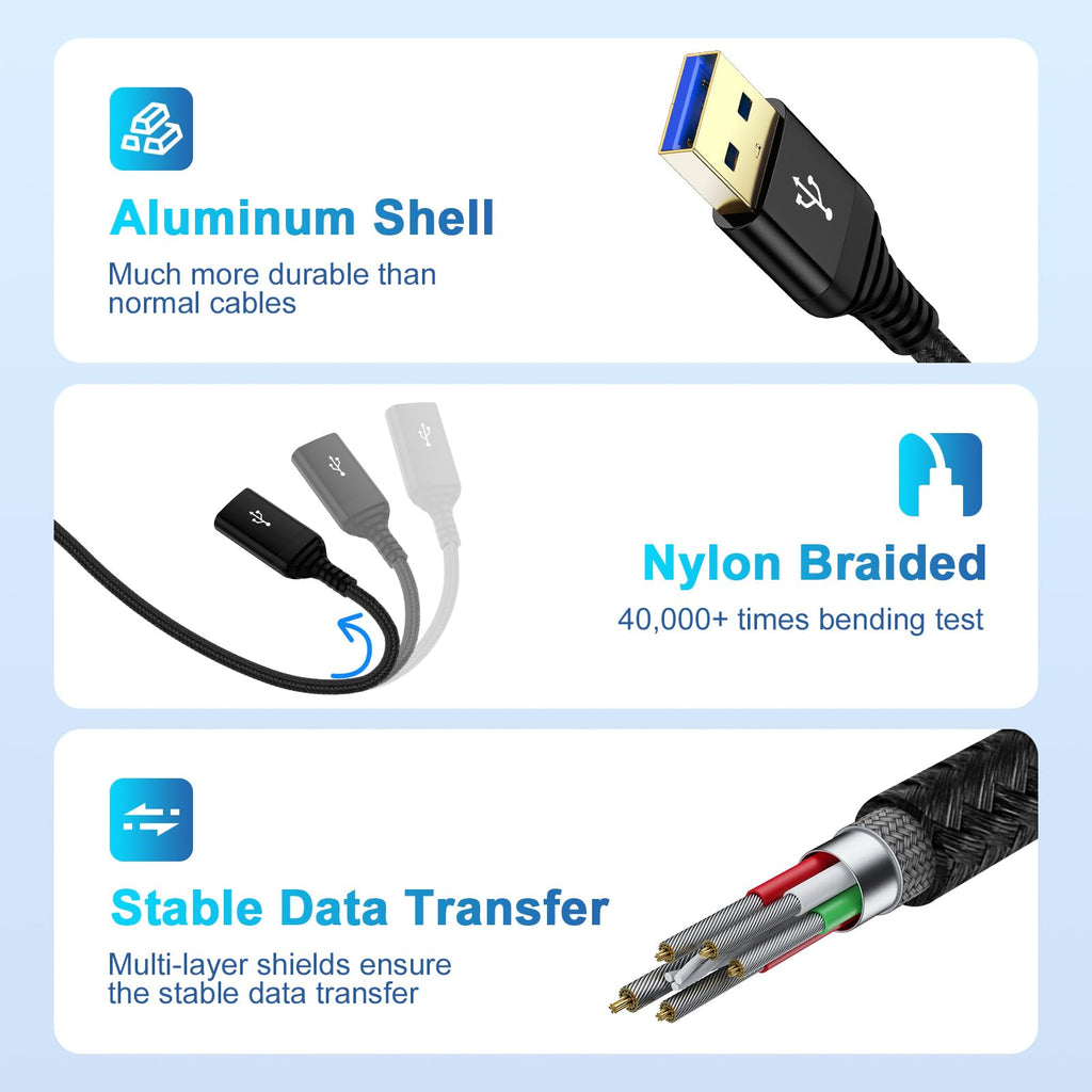 USB 3.0 Extension Cable 10FT — 5Gbps Fast Data Transfer Type-A Male to Female for Keyboard, Mouse & Printer