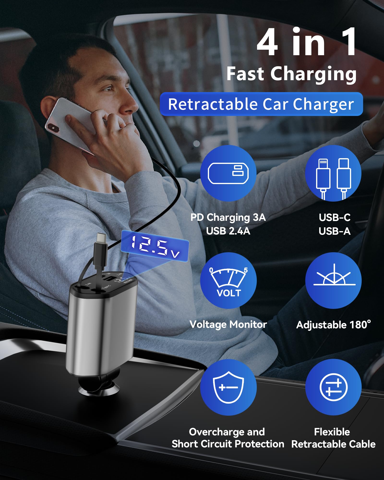 4-in-1 Retractable Car Charger — Fast Charging USB-C & USB-A for iPhone 16/15/14, Samsung Galaxy & Pixel