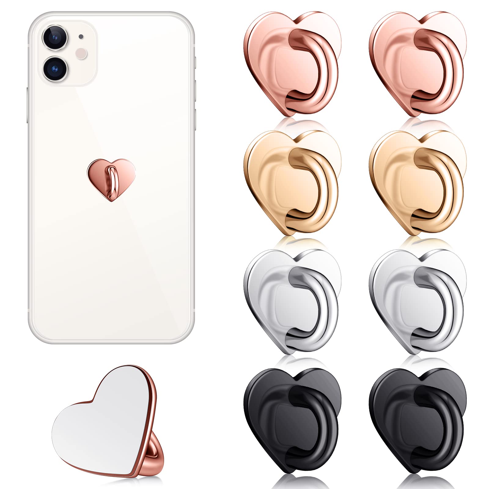 Metal Phone Finger Ring Grips 8 Pack — Adhesive Heart Hook Loop Stand for DIY Hanging, Gold Silver Rose Gold Black