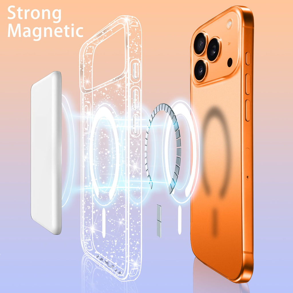 Glitter Magnetic Case for iPhone 17 Pro – Slim Shockproof Clear Back Cover, MagSafe & Wireless Charging Compatible, Anti-Scratch Protective Phone Case for Women