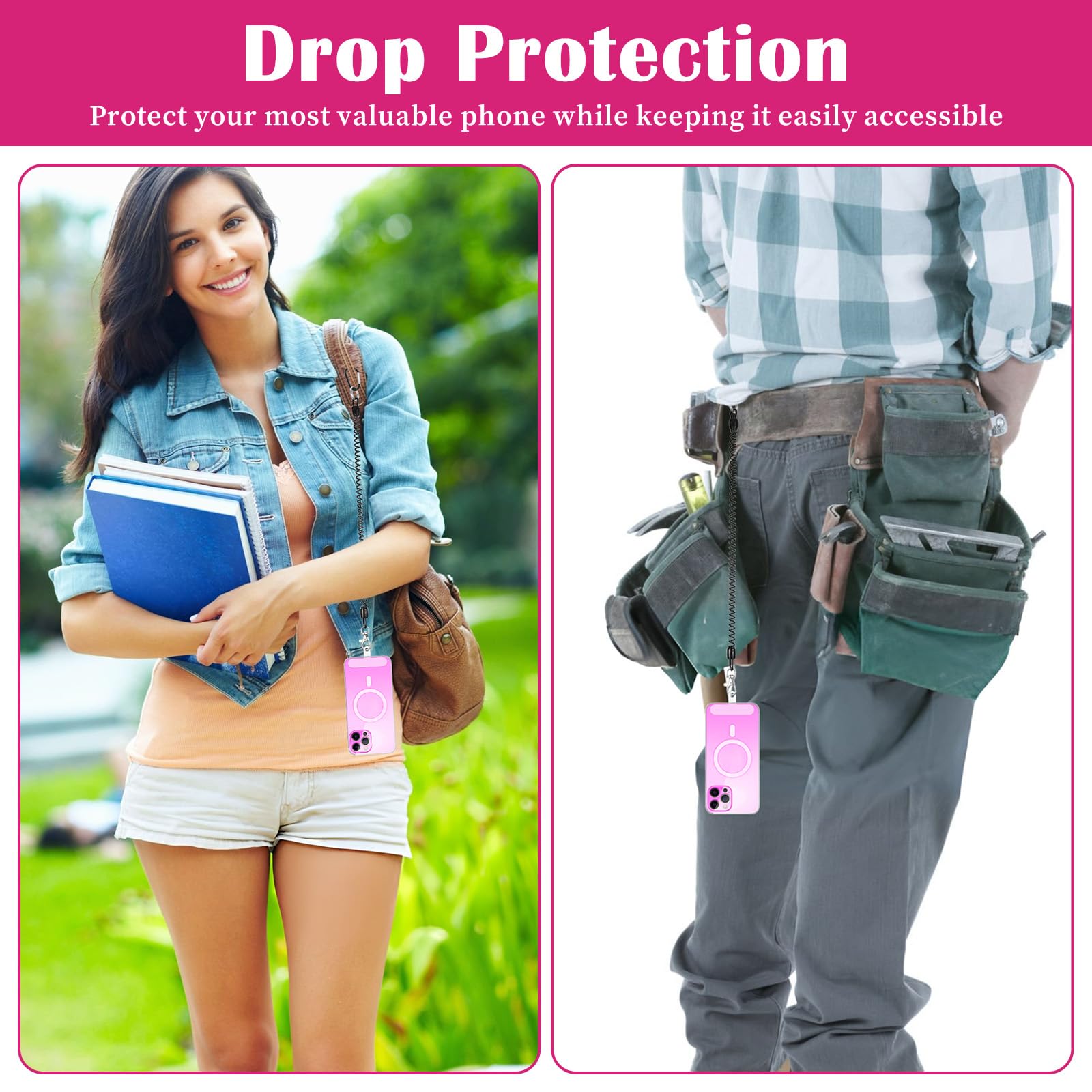 Phone Tether Lanyard 2 Pack — Stretchy Retractable Anti-Drop Anti-Theft Spring Strap with 4 Tether Tab Patches, Universal Smartphone Safety Leash for Hiking, Travel & Outdoor Activities