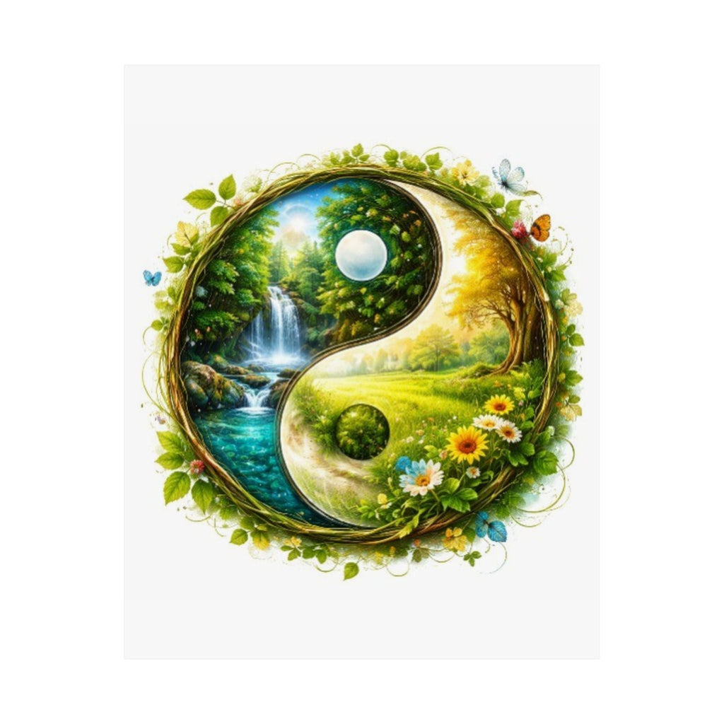Yin Yang Nature Poster — Scenic Waterfall & Meadow Matte Vertical Print