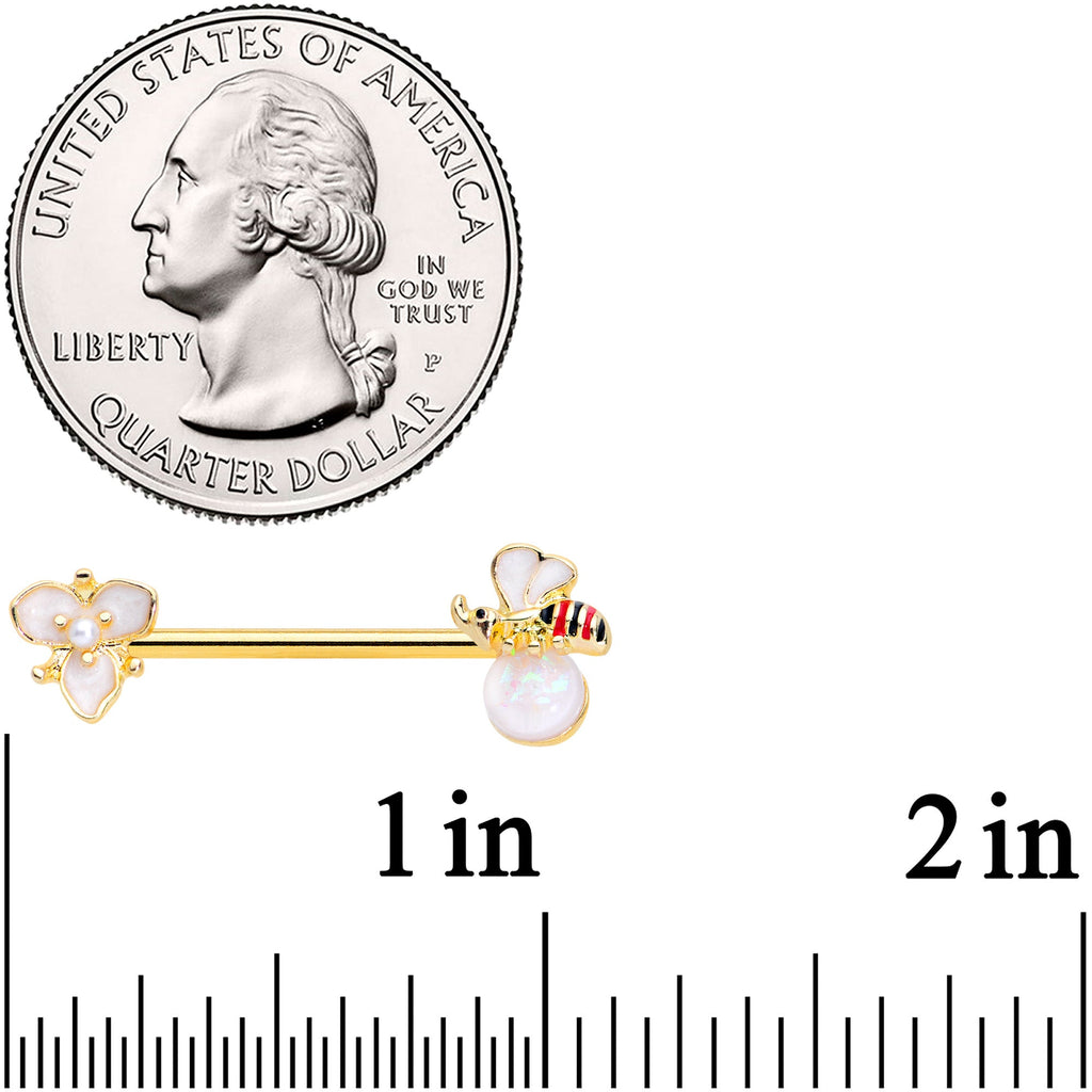 14G 9/16 White Faux Opal Gold Tone Insect Flower Nipple Ring Set