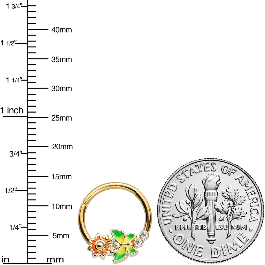 16G 3/8 Clear CZ Gem Gold Tone Sun Butterfly Hinged Segment Ring