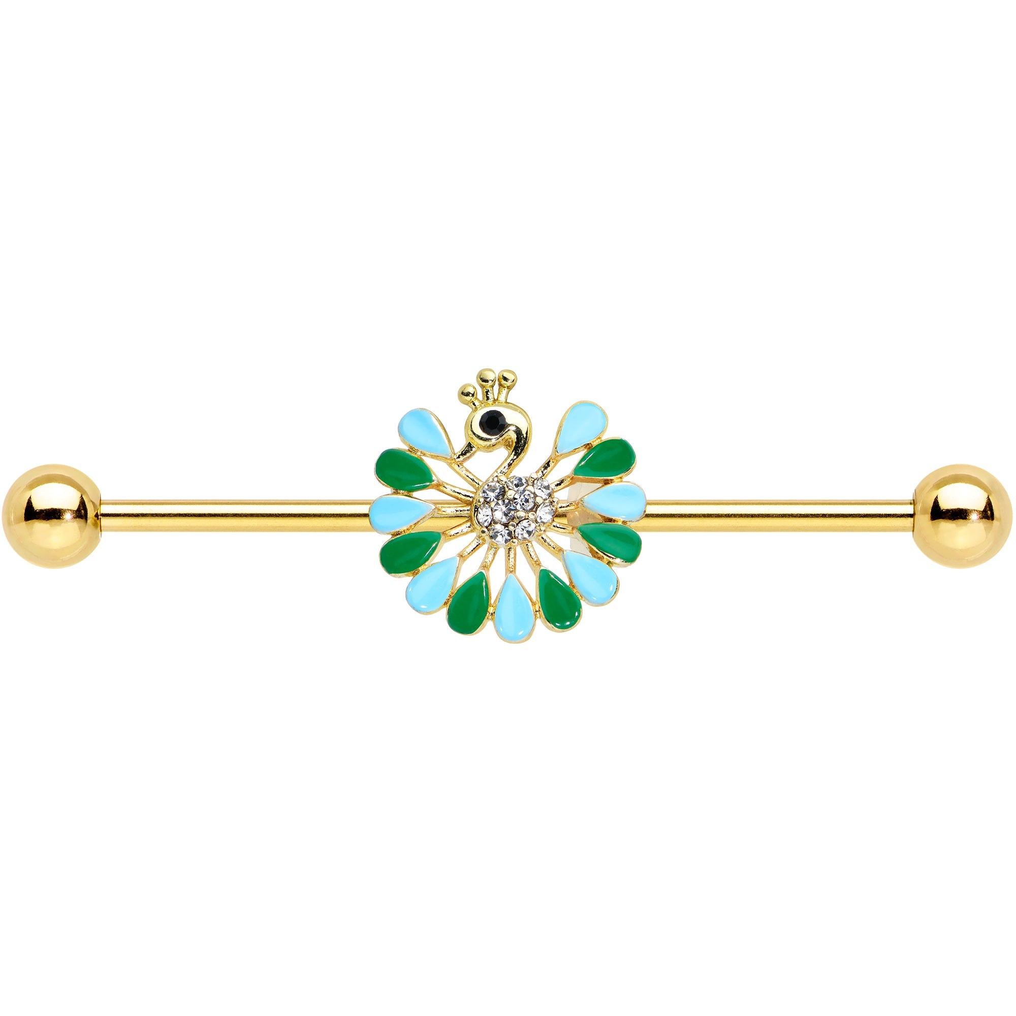 14G Clear Black Gold Tone Pretty Peacock Industrial Barbell 38mm