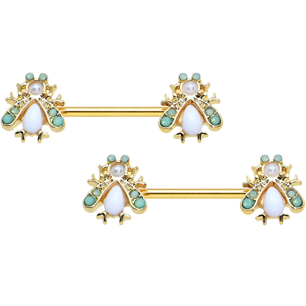 14G 5/8 White Gem Gold Tone Snow Bug Barbell Nipple Ring Set