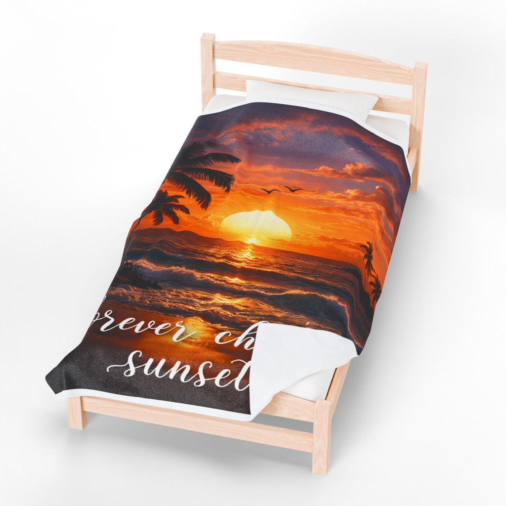 Velveteen Plush Blanket — "Forever Chasing Sunsets" Tropical Sunset Throw