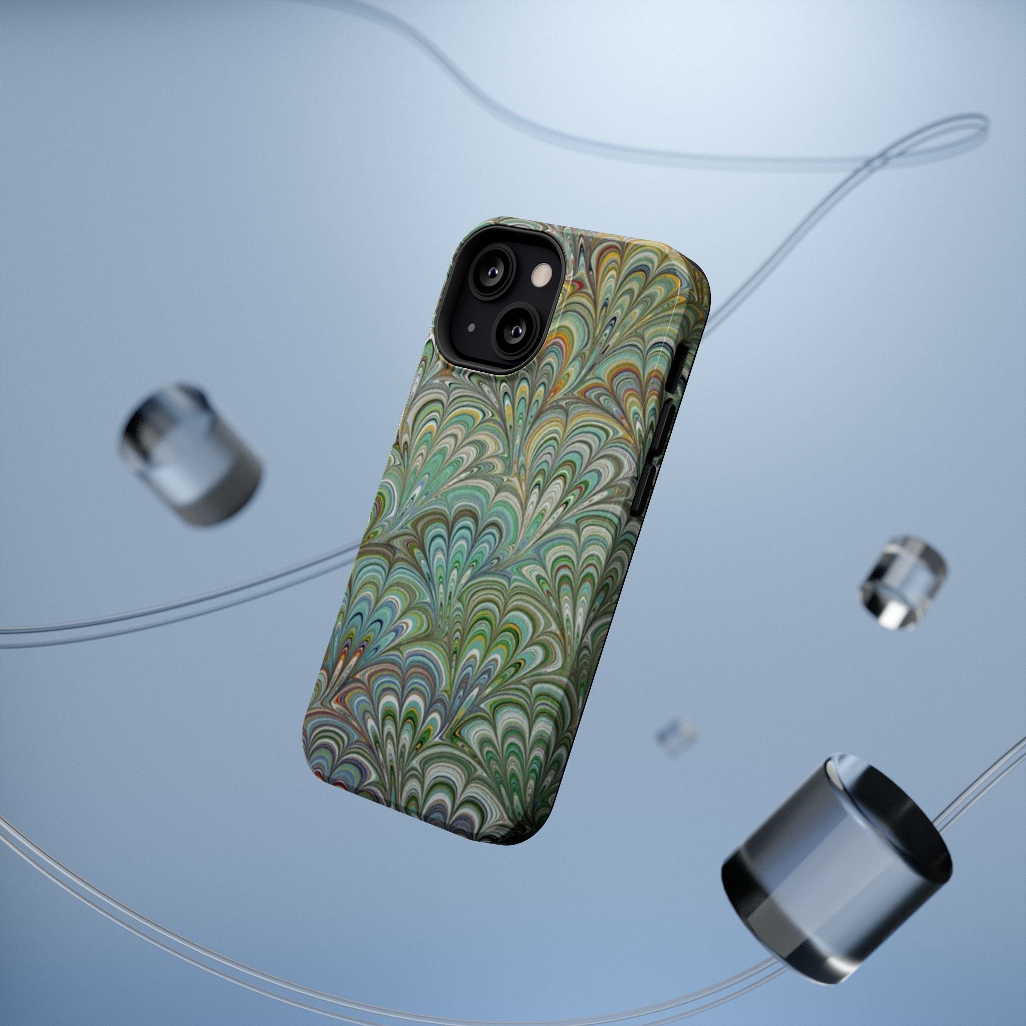iPhone17 + All Models Phone Cases, Italian Peacock Feather Design, Stylish Impact-Resistant Shell, Protective Cover, Green Peacock Print