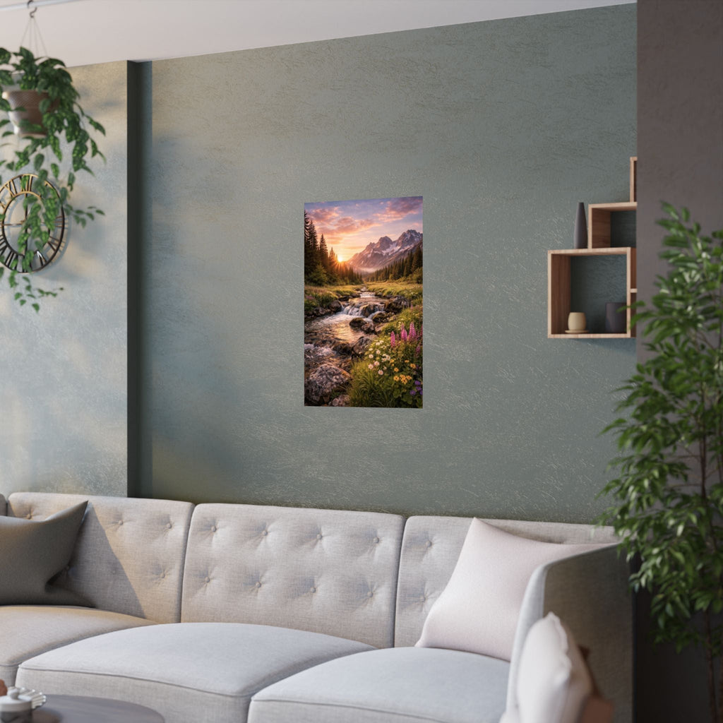 Satin Poster – Golden Mountain Stream Landscape Sunset Print
