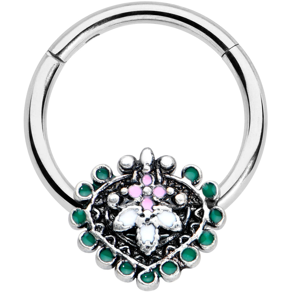 16G 3/8 Stylized Pink Green Abstract Leaf Hinged Segment Ring