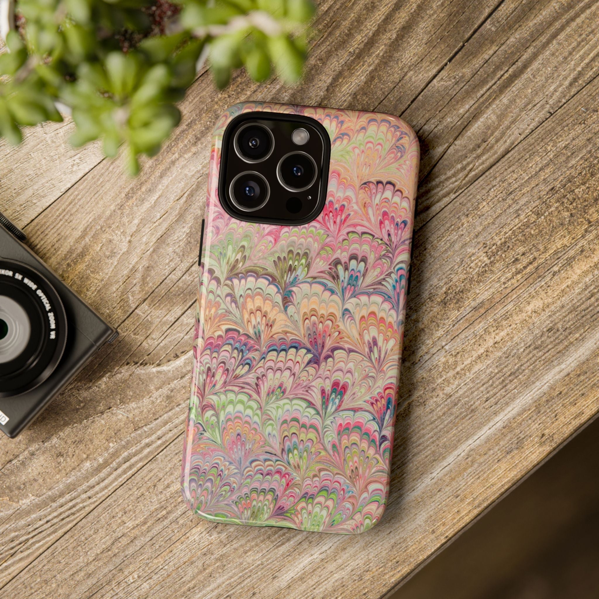 Pastel Pink + Green Feather Marbled Phone Case - Dual Layer Phone Cover