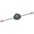 14G Pink Green Gem Stylized Leaf Industrial Barbell 38mm