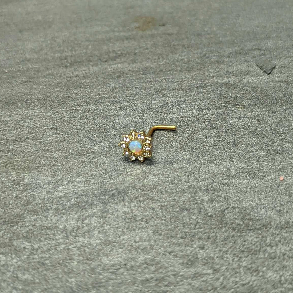 20G 7mm White Faux Opal Gold Tone Heart Sun L Shape Nose Ring