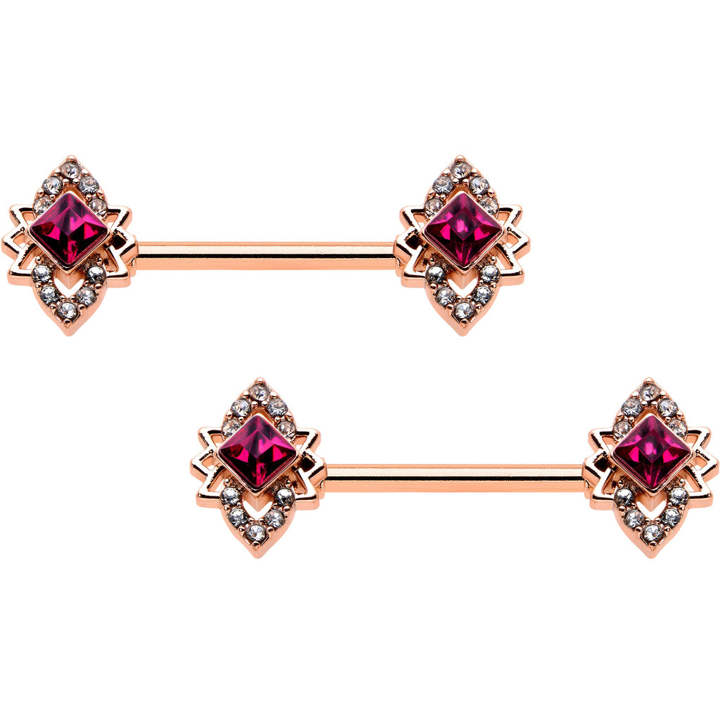 14G 9/16 Red Gem Rosy Tone Octogram Star Barbell Nipple Ring Set