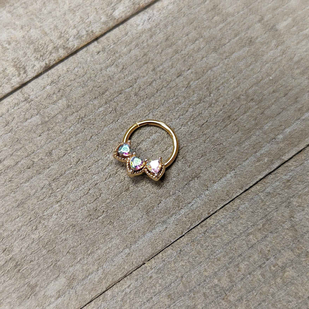 16G 3/8 Aurora Gem Gold Hue Rococo Trio Heart Hinged Segment Ring