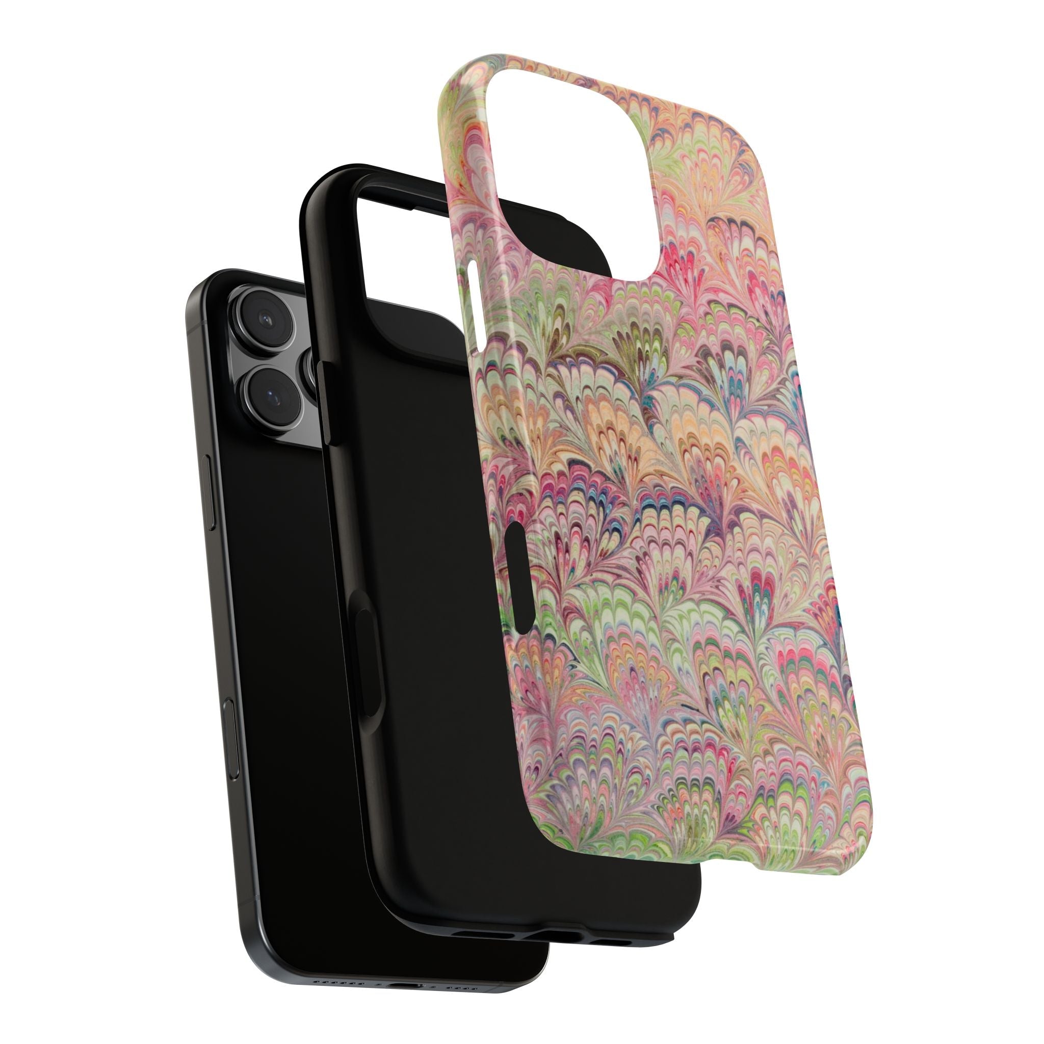 Pastel Pink + Green Feather Marbled Phone Case - Dual Layer Phone Cover