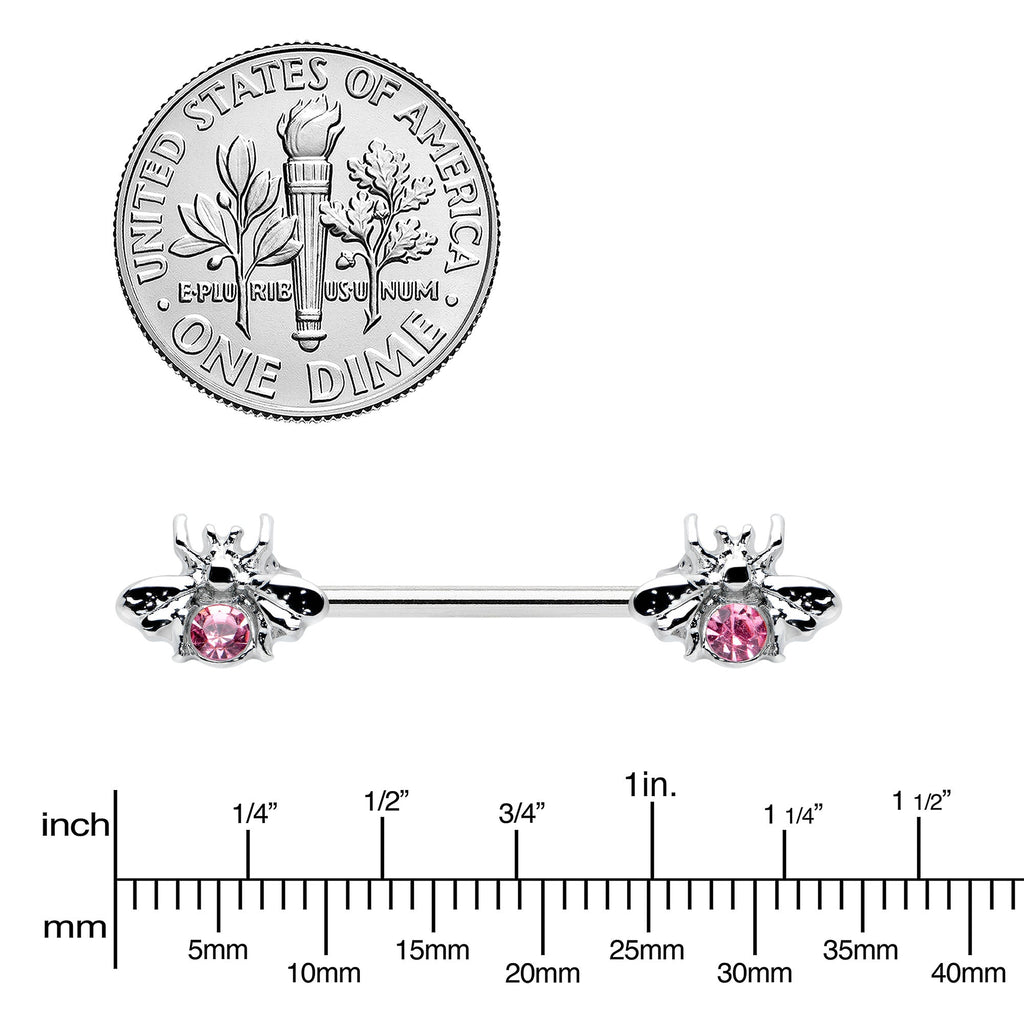 14G 9/16 Pink Gem Bee Beautiful Insect Barbell Nipple Ring Set